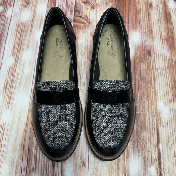 Clarks SHARON GRACIE Womens Size 8.5 Black Leather Tweed Wedge Loafers Shoes - Picture 3 of 10